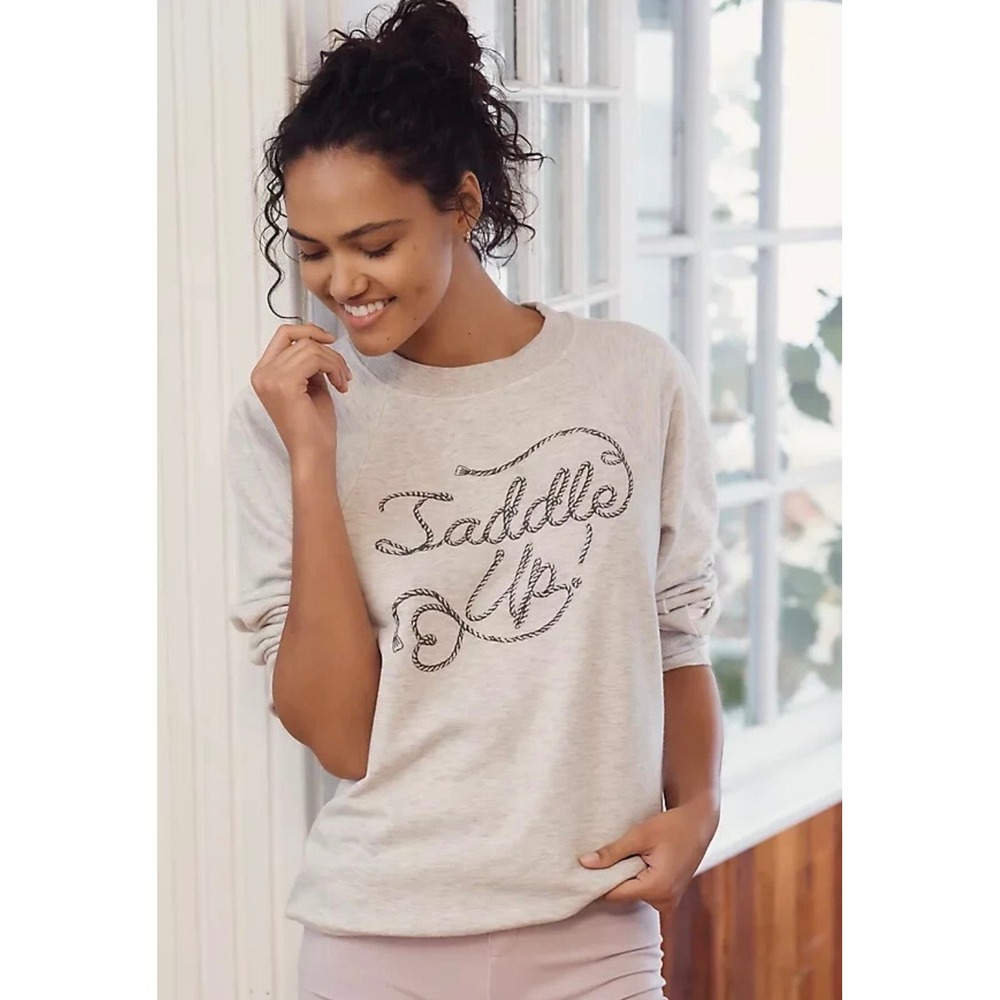 Anthropologie Saddle Up Crewneck‎ Graphic Sweatshirt Heather Grey Size Small